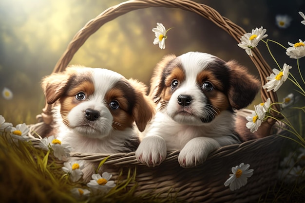 Cute and Cuddly Adorable Puppies Animal Couple Portrait in a Basket Summer Grass Generative AI