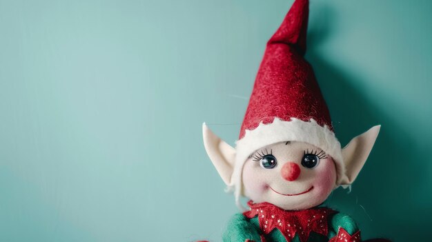 Photo a cute and cuddly elf doll wearing a red hat and green outfit is sitting on a blue background the elf has its eyes open and is smiling