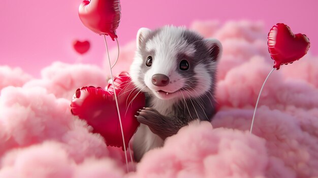 Милый и милый хорьк с красными воздушными шарами в форме сердца на розовом пушистом облачном фоне Идеально подходит для Дня святого Валентина или любого другого особого случая
