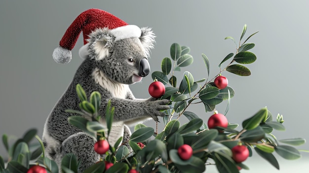 Photo a cute and cuddly koala is sitting in a eucalyptus tree wearing a red santa hat the koala is holding a red christmas ball in its paw