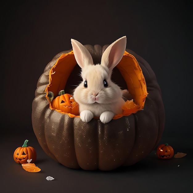 Photo cute and cuddly little beige rabbit in halloween costume inside a pumpkin made of crystal ai