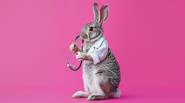 Photo a cute and cuddly rabbit is dressed up as a doctor complete with a white coat and stethoscope