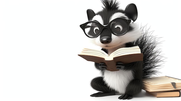 A cute and cuddly skunk wearing hornrimmed glasses is sitting on a stack of books reading a book