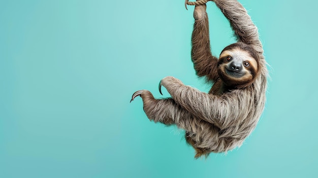 Photo a cute and cuddly sloth is hanging from a rope the sloth has a big smile on its face and is looking at the camera