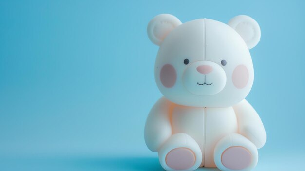 Cute and cuddly white teddy bear sitting on a blue background The bear has a friendly smile on its face and is looking up at the camera