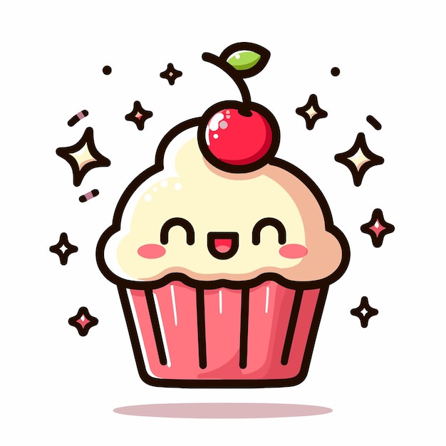 체리와 별이 있는 귀여운 컵케이크 웃는 행복한 페이스트리 벡터 그림 카와이 컵케이크 아이콘