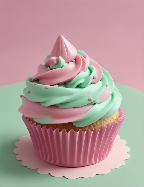 cute cupcake with pink and sky green cream isolated with baby pink background