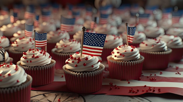 Милые кексы с мини-флагами Соединенных Штатов.