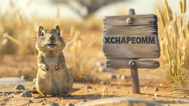 Photo a cute and curious desert gopher stands in front of a wooden sign in the middle of a vast desert landscape