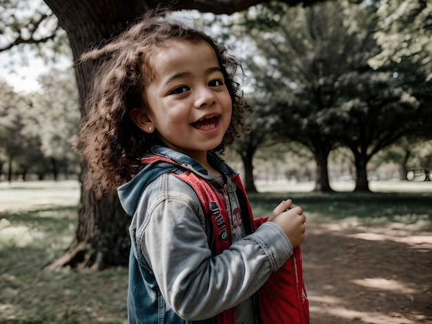 Cute Curly Hair Girl Smiling Looking at Camera in The Park with Thick Denim Jacket