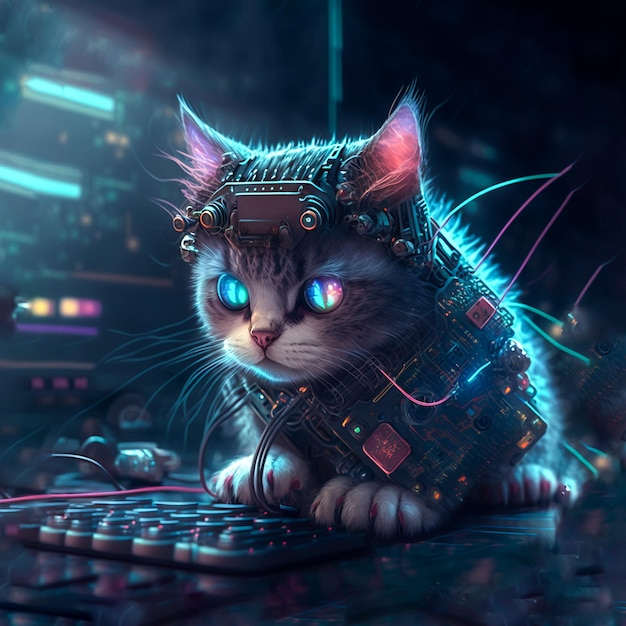 Cute cyberpunk cat, post apocalypse character, animal cute