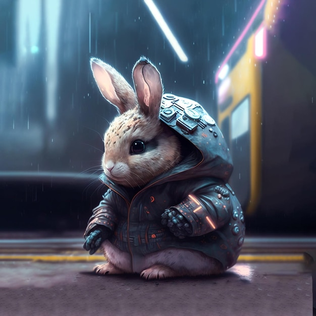 Cute cyberpunk rabbit, post apocalypse character, animal cute