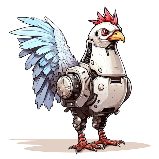 A cute cyborg chicken full body view isolated on white