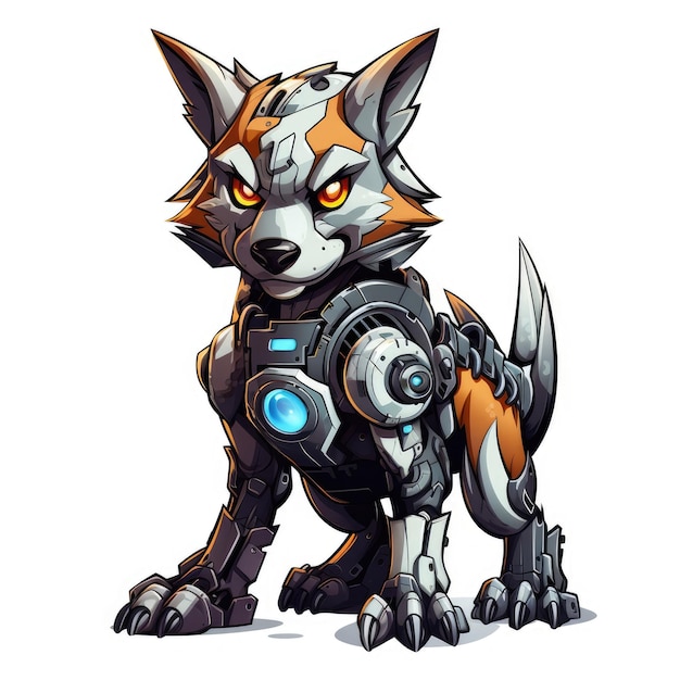 A cute cyborg wolf full body view isolated on white