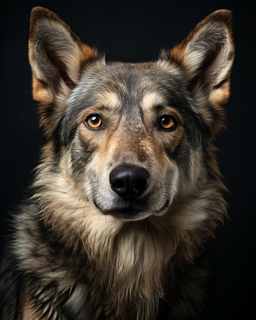 Милая чехословацкая порода волчьего пса, хорошо сидящая и смотрящая вперед, сгенерированная ИИ фотография