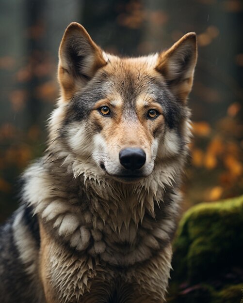 Милая чехословацкая порода волчьего пса, хорошо сидящая и смотрящая вперед, сгенерированная ИИ фотография