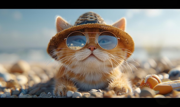 A cute d cartoon cat wearing sunglasses and a sun hat is chilling on the sandy beach enjoying the