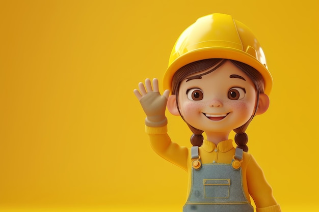 A cute d style character of a friendly female construction worker waving