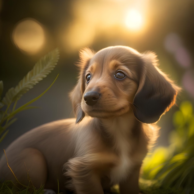 Cute dachshund puppy portrait Springtime