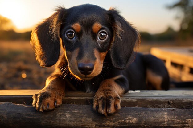 Photo cute dachshund puppy sitting and looking up generative ai