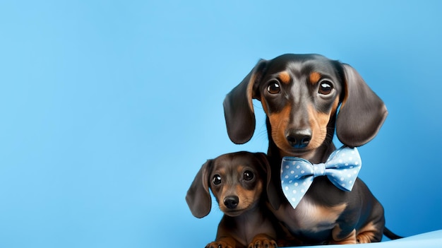 Cute dachshunds with ribbon on blue background with copyspace High quality photo