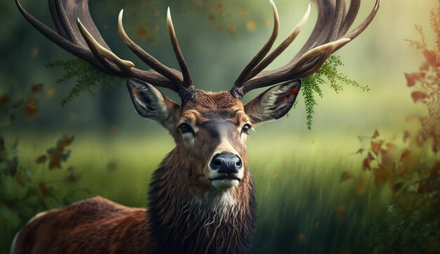 Photo cute deer in green forest close up portrait generative ai