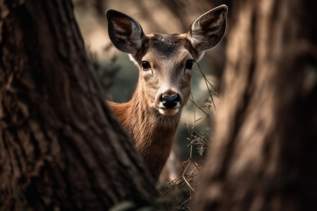 Cute deer hiding behind a tree Beautiful illustration picture Generative AI