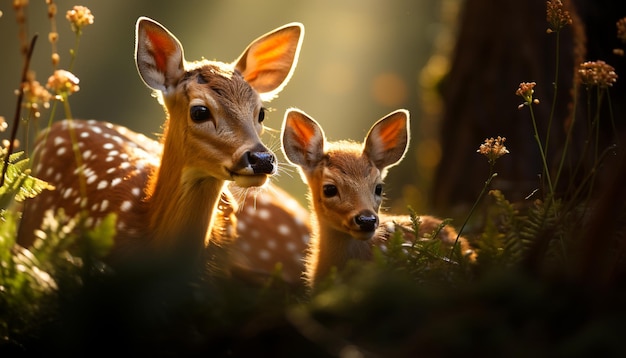 Foto simpatico cervo nel prato che guarda l'obbiettivo circondato dalla natura generata dall'intelligenza artificiale