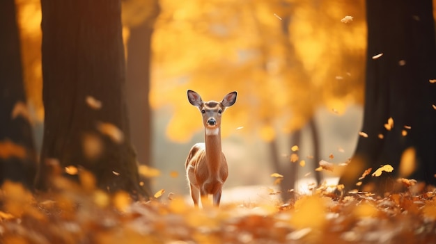 Cute Deer Strolling Alongside Maple Leaves AI Generated