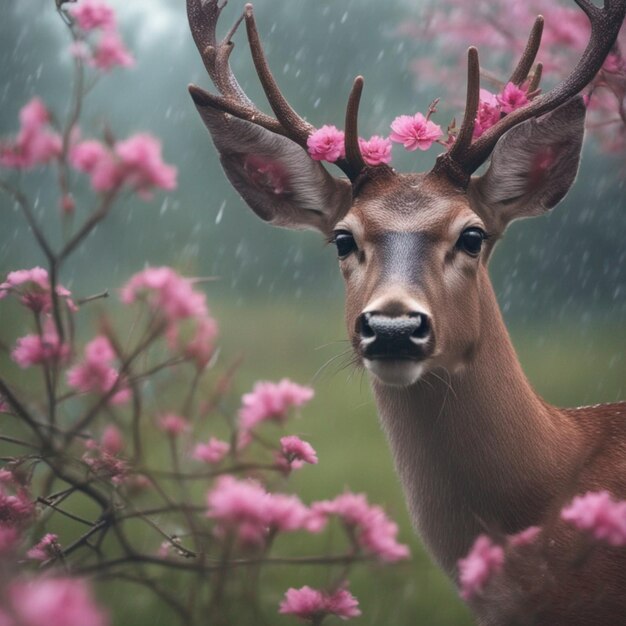 милый олень с цветущими цветами в дождливый день