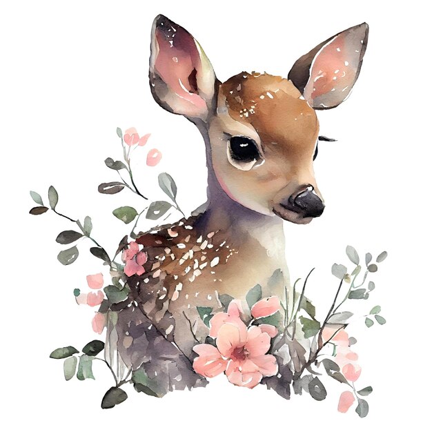 Cute deer with pink flowers watercolor Illustration isolated on white Generative AI