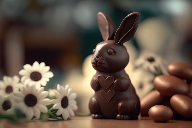 Cute delicious Easter chocolate bunny on table