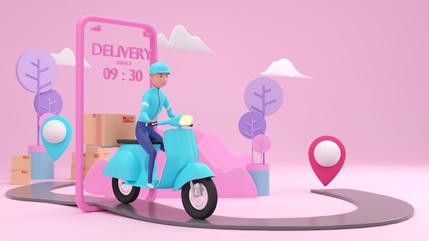 Cute delivery staff taking the parcel in 3D rendering.