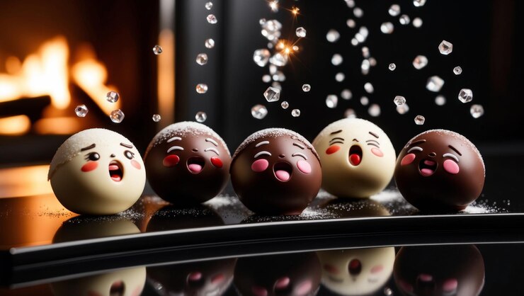 Photo cute dessert balls with faces are sprinkled with sugar by a warm fire