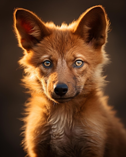 Photo cute dhole animal looking at front nicely with background dark and golden generated ai photo