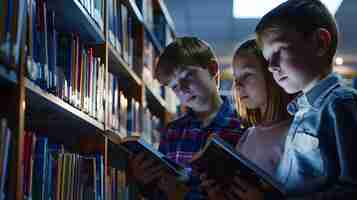 Photo cute different age pupils two boys and girl looking for books in library at the elem generative ai