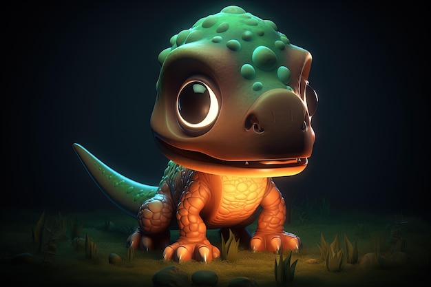 Cute dinosaur on a dark background 3d illustration Chibi art big eyes silluette