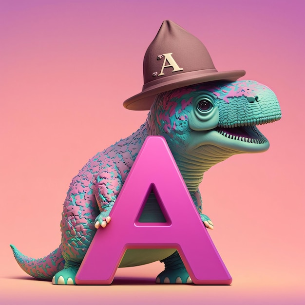 Photo cute dinosaur in a hat with letter a 3d illustration