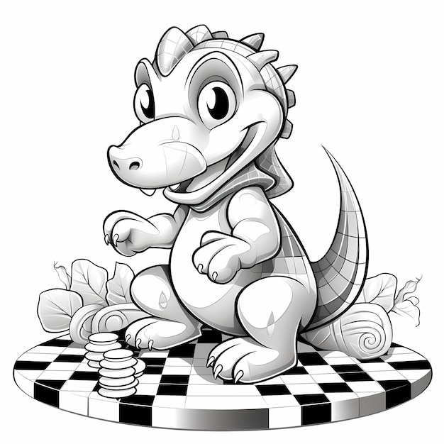 cute dinosaur playing checkers coloring page style black and white