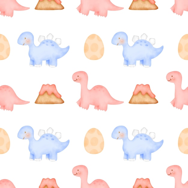 Cute dinosaur seamless pattern in watercolor style