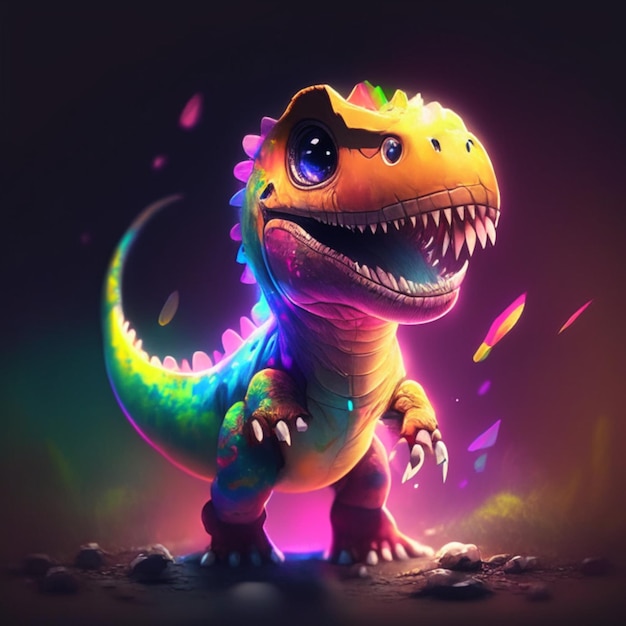 Cute dinosaur with colorful neon lights on dark background Fantasy illustration