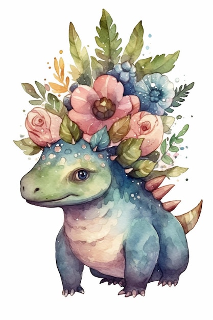 A cute dinosaur with flowers on his head.