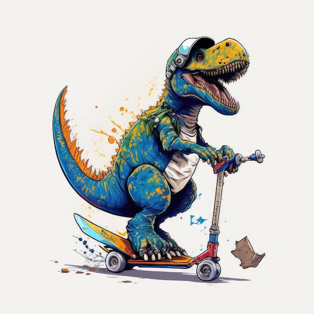 Cute dinosaurs ridding skateboard or scooter isolated white background