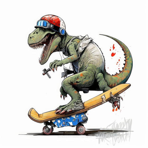 Cute dinosaurs ridding skateboard or scooter isolated white background