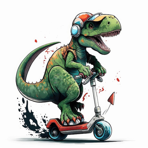 Cute dinosaurs ridding skateboard or scooter isolated white background