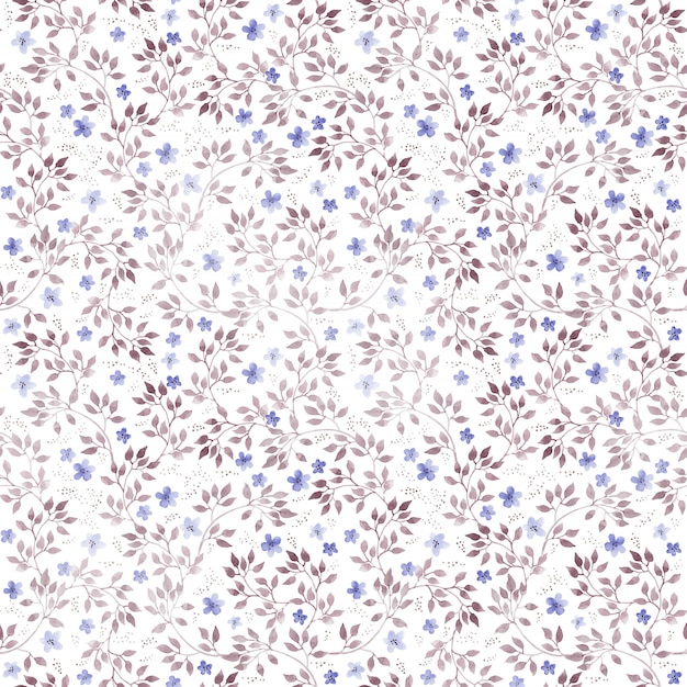 Cute ditsy flowers, leaves. Seamless repeated floral pattern. Hand drawn watercolor