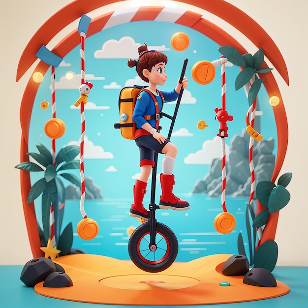 Photo cute diver circus with unicycle bike cartoon vector icon illustration science holiday isolated flat