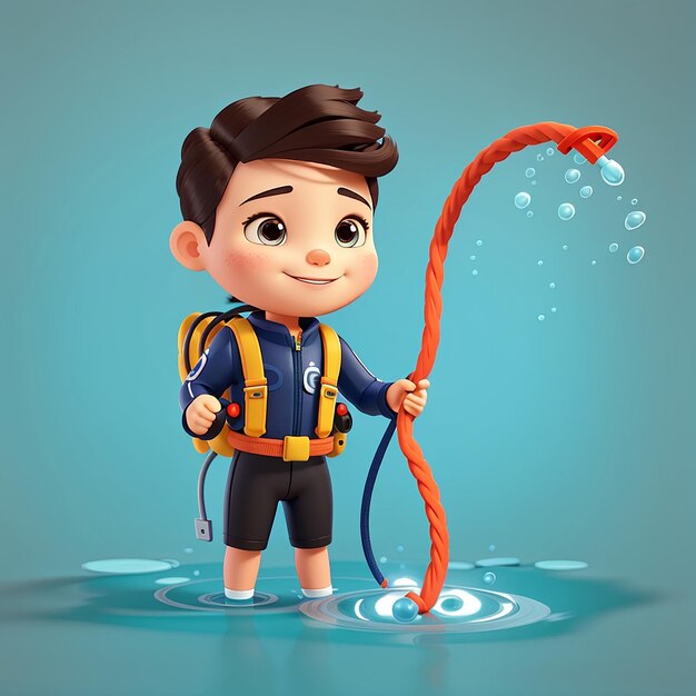 Cute diver holding rope cartoon vector icon illustration science nature icon isolated flat vector