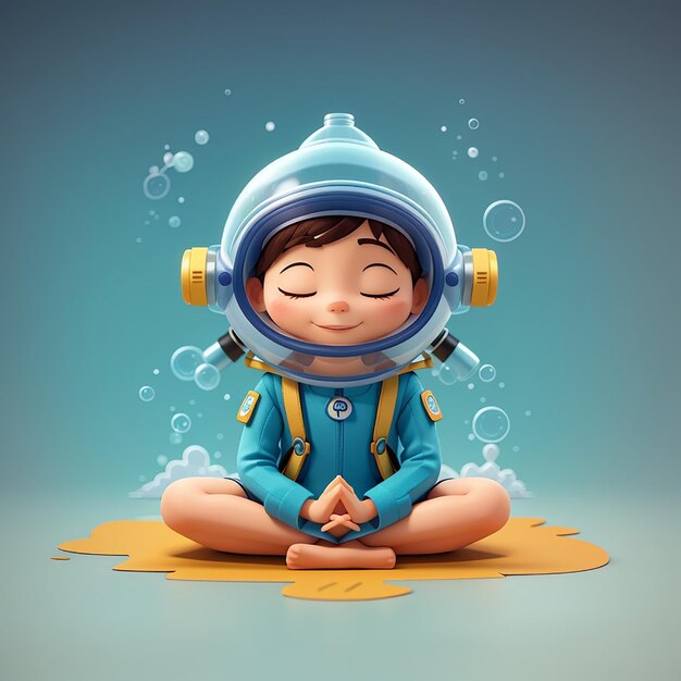 Cute diver meditation yoga cartoon vector icon illustration science sport icon concept isolated