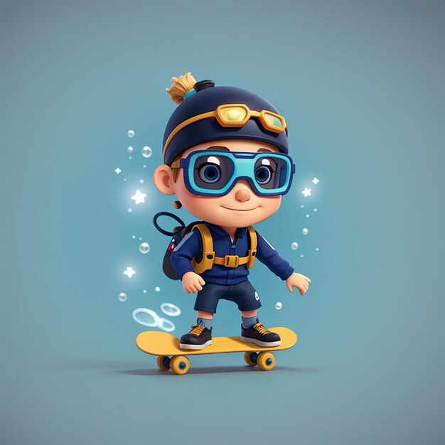 Cute diver playing skateboard cartoon vector icon illustration science sport icon concept isolated